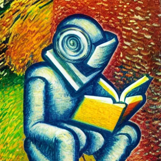 Image similar to A robot reading a book in a park, autumn, colorful, in the style of Umberto Boccioni