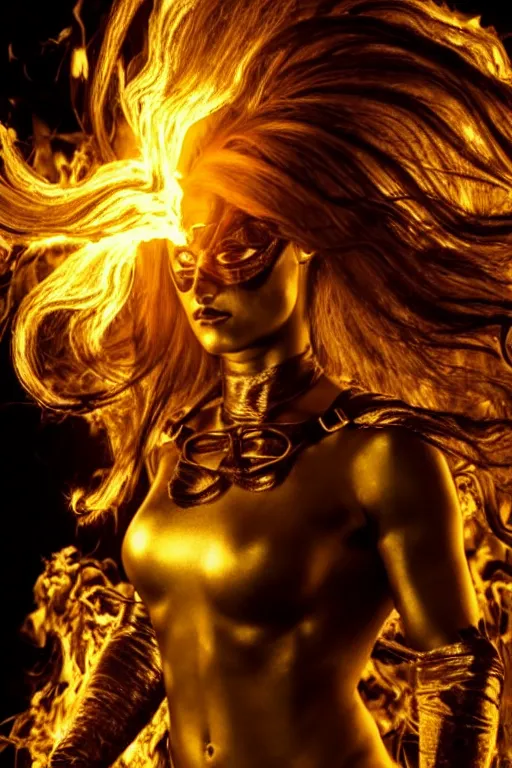 Prompt: a woman wearing golden mask, hair like fire, muscular, in dark soul