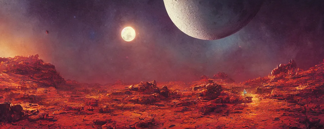 Image similar to ” lunar landscape, [ cinematic, detailed, epic, widescreen, opening, establishing, mattepainting, photorealistic, realistic textures, octane render, art by paul lehr ] ”