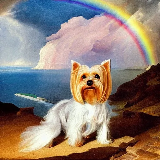 Image similar to Yorkshire Terrier under a rainbow in Santorini in the style of Lady with an Ermine, head and shoulders portrait, stormy weather, extremely detailed masterpiece, oil on canvas, by J. C. Leyendecker and Peter Paul Rubens and Edward Hopper and Michael Sowa,