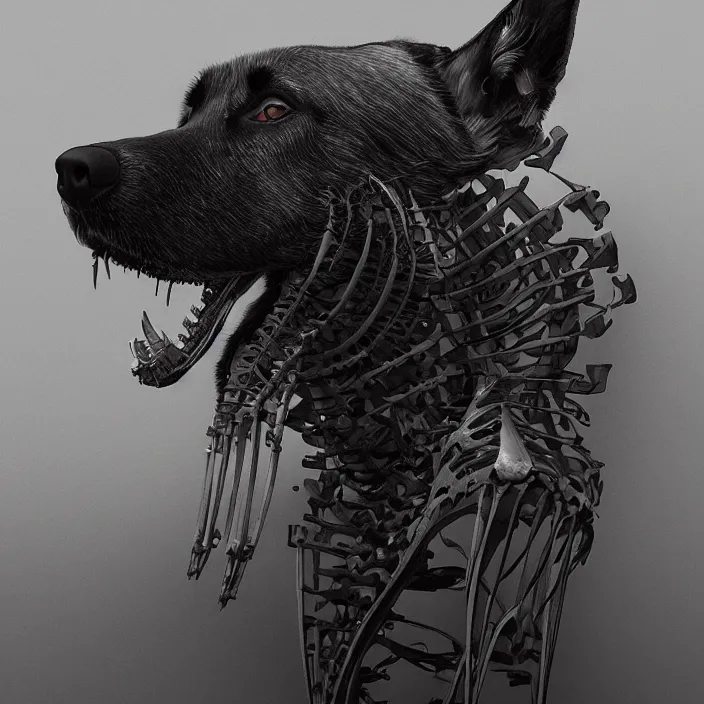 Image similar to belgian malinois, skeleton. intricate artwork. by Tooth Wu, wlop, beeple, dan mumford. octane render, trending on artstation, greg rutkowski, very coherent symmetrical artwork. cinematic, hyper realism, high detail, octane render, 8k, iridescent accents, deep blacks