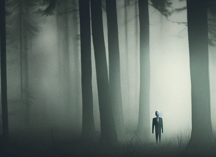 Image similar to joe biden as slenderman in forest, creepy joe biden, tall trees, night, creepy, horror, movie still, dark, haunted, cinematic lighting, ray tracing, octane render, long lens, shallow depth of field, bokeh, anamorphic lens flare, 8 k, hyper detailed, 3 5 mm film grain