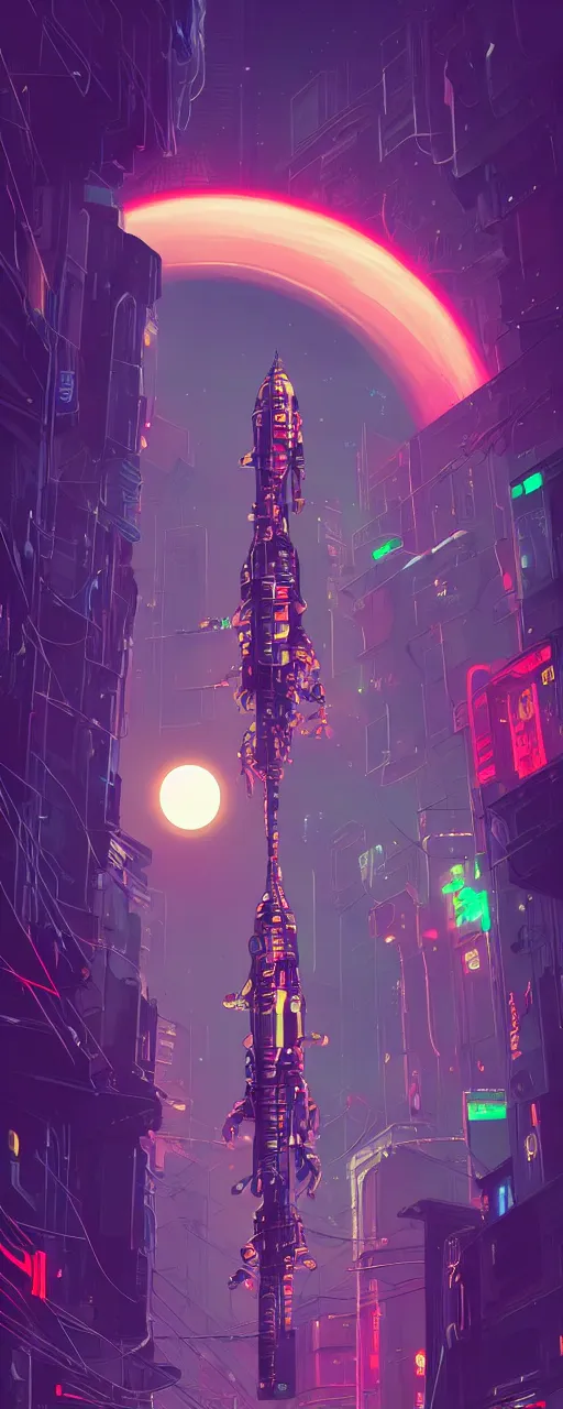 Prompt: A picture of an astronaut floating upside down in a cyberpunk surreal city with a full moon, neon lights, sharp edges, flat colors, cell shaded, by Jordan Grimmer, Jean Giraud and Neil Blevins trending on artstation