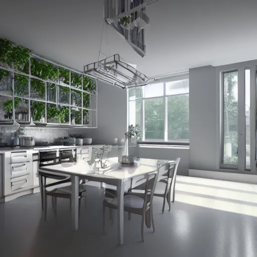 Image similar to vaporwave kitchen, liminal space, high detail, rendered in unreal engine, 3d render, god rays, volumetric lighting, mansion, interior, large windows, rich house