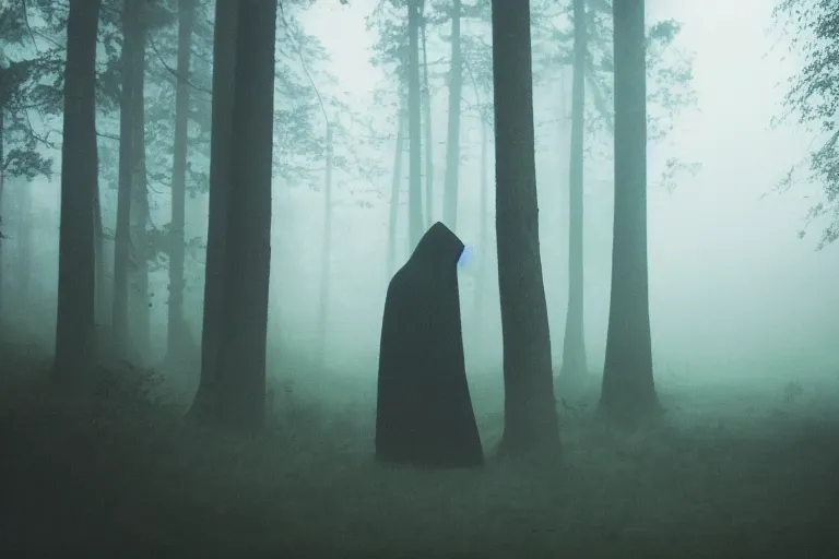 Image similar to a close shot of a grim reaper standing in a forest, detailed, style of flooko, mythical, mist, depressing, tired, dark, lush, nature, mist, mystery, glows, somber, dismal, fog, heavy fog, dark lighting, rim light, glow, ambient light, cybernetic, sci-fi,