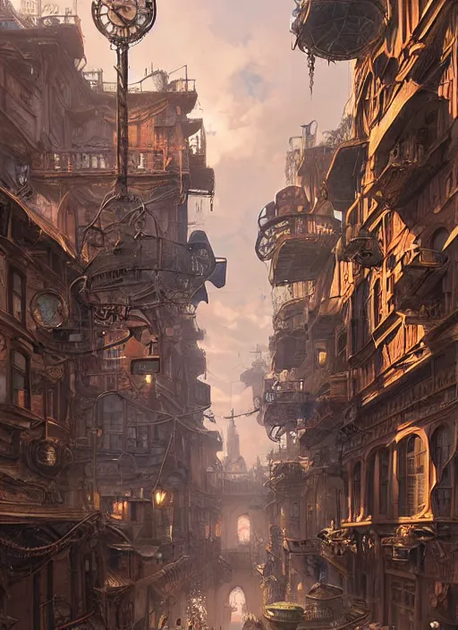 Prompt: a beautiful insanely detailed matte painting of a steampunk street, sharp, ray tracing, ambient occlusion, octane render, intense colors, by moebius, by greg rutkowski, by rossdraws