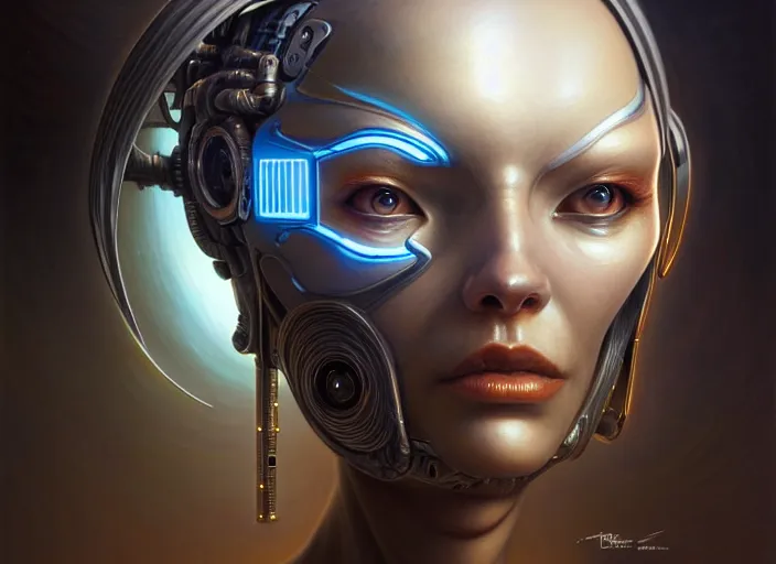 Image similar to portrait shot of a cyberpunk robot, intricate, elegant, highly detailed, centered, digital painting, artstation, concept art, smooth, sharp focus, illustration, artgerm, tomasz alen kopera, peter mohrbacher, donato giancola, joseph christian leyendecker, wlop, boris vallejo