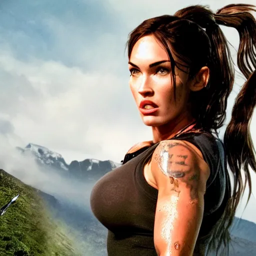 Prompt: an film still of megan fox as lara croft, emerged from river, focus on face