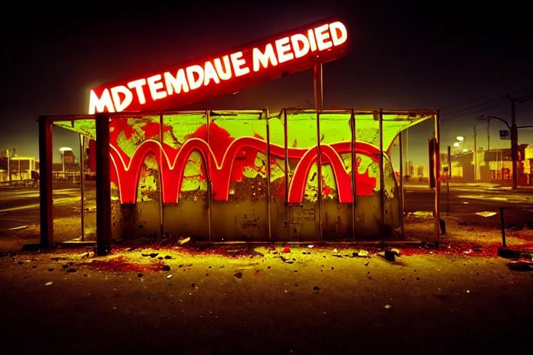 Image similar to post apocalyptic mcdonalds being used as a shelter, dystopian, fire, people huddled, night, neon sign, rust