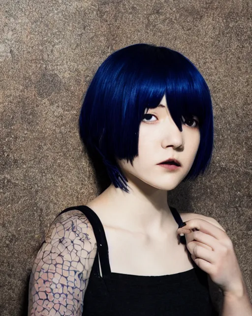 Prompt: touka kirishima from tokyo ghoul as a barista, model photoshoot, in a coffee shop, dark blue hair, half body shot, photo by greg rutkowski, female beauty, risque, f / 2 0, symmetrical face, warm colors, natural indoor lighting, depth of field
