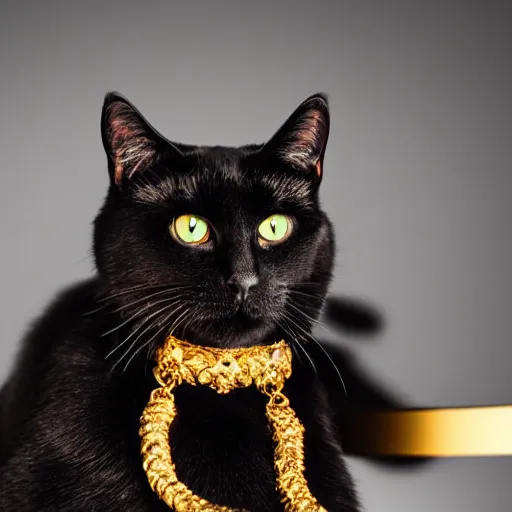 Prompt: Magestic Black cat wearing gold Jewlery, award winning photo, dramatic lighting