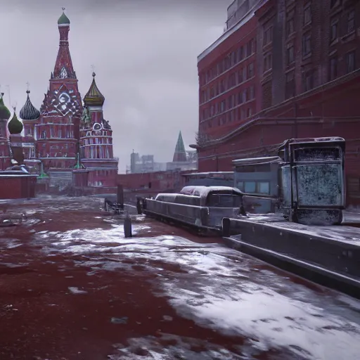 Image similar to Moscow Red Square post-nuclear war in the snow in Fallout 4, in game screenshot