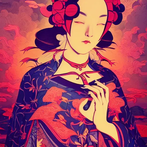 Image similar to james jean style, utagawa kunisada style, vfx art, unreal engine render, claymation style, colourful, volumetric light, digital painting, digital illustration, dramatic light,