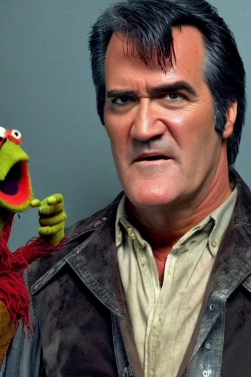 Prompt: Bruce Campbell starring in Evil Dead 2 Muppets movie