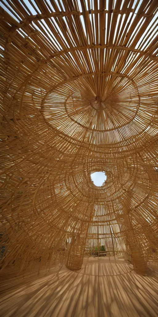 Prompt: inside small pavilion made of bundled bamboo by andrew kudless. architectural photography. 4 k, 8 k. volumetric lighting. complex curved intersecting vaulted structure. bundled branching columns grow into into roof. futuristic hydroponic garden, white concrete floor. architectural photography. 4 k, 8 k. volumetric lighting.