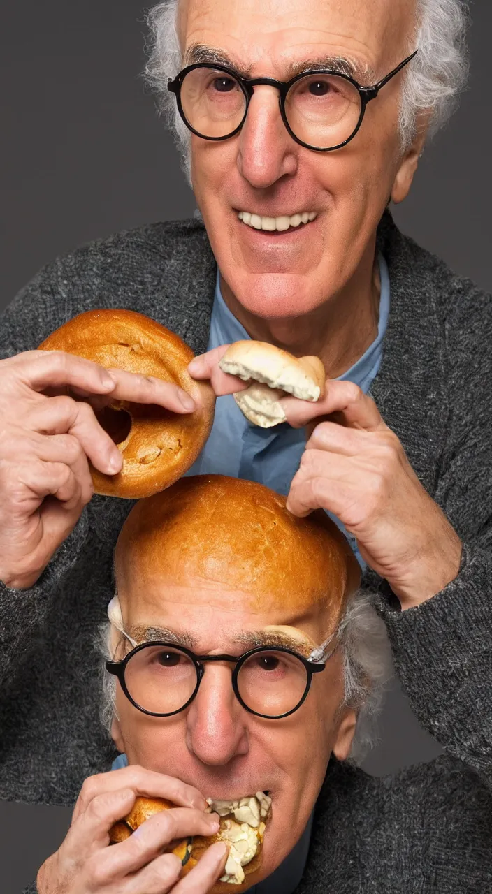 Image similar to larry david eating a bagel. style of a basquiat painting. hyper - realistic, 8 k, hd