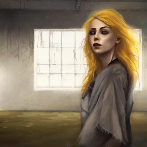 Image similar to oil painting of jinx with golden blonde hair, standing in abandoned building, in style of charlie bowater, detailed face,