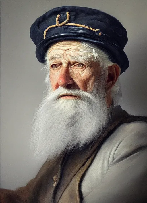 Prompt: portrait of a very old sailor with white hair and captain's hat, asleep, detailed realism face in painting, detailed beautiful portrait, oil painting masterpiece, 8 k resolution, smooth, sharp focus, trending on artstation, by rembrandt