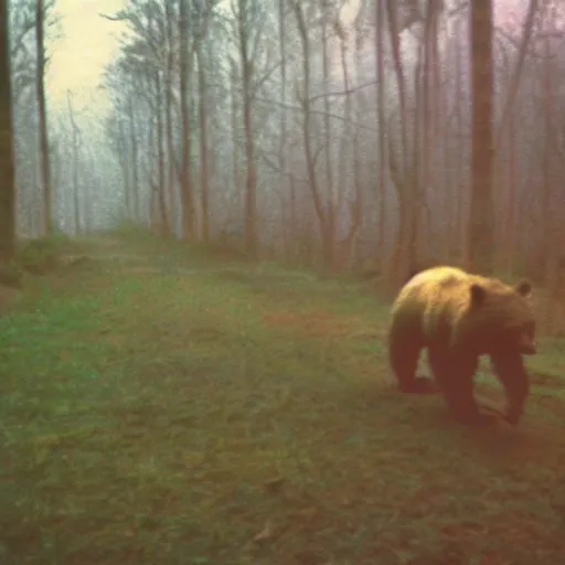 Image similar to dystopian grunge disposable camera photo of bear running towards you | horror | nightmare