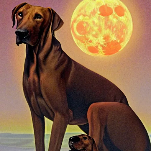 Image similar to the new age prophet Rhodesian ridgeback dog, illuminated from behind like a Catholic saint portrait, full moon night. Portrait by Paul Bonner, oil on canvas