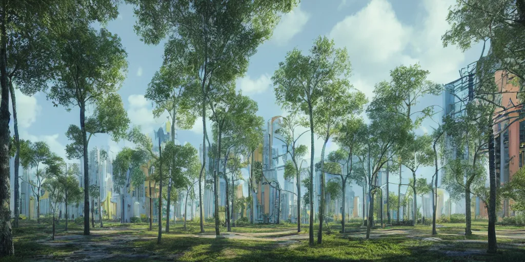 Prompt: a bright and colorful forest with a single building based on the architecture of ricardo bofill within an urban megacity, sci - fi, light blue sky with clouds, dramatic matte painting, cinematic lighting, style by vincent van gogh, 8 k, octane render, photorealistic, hyperrealism
