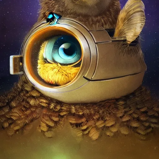 Image similar to long shot of a very cute owl chick nesting in a very futuristic cup, esao andrews, m. w. kaluta, humorous illustration, hyperrealistic, big depth of field, warm colors, night scenery, low light, 3 d octane render, 4 k, conceptart, hyperdetailed, hyperrealistic, trending on artstation