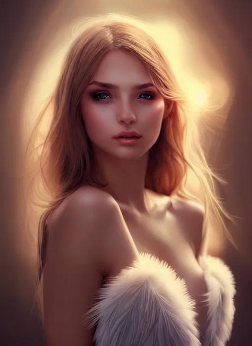 Image similar to a gorgeous female photo, professionally retouched, soft lighting, wearing a feather dress, realistic, smooth face, perfect eyes, wide angle, sharp focus on eyes, 8 k high definition, insanely detailed, intricate, elegant, art by artgerm and wlop