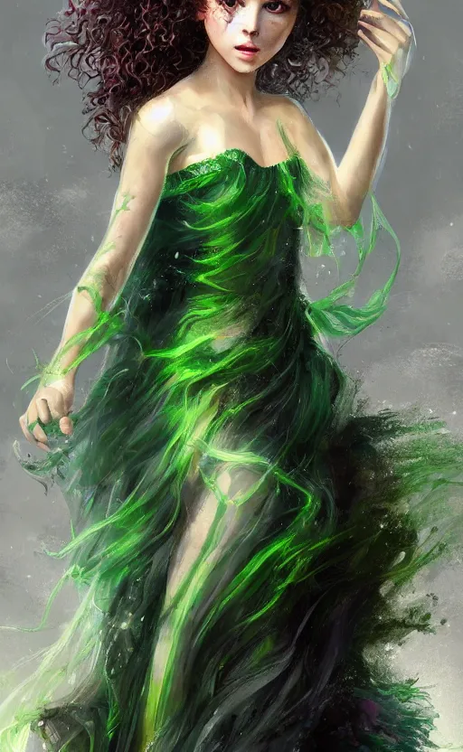 Image similar to a young woman with wild, curly hair and bright green eyes. she's wearing a flowing dress made of light, airy fabric and she has a mischievous look on her face, dynamic lighting, photorealistic fantasy concept art, trending on art station, stunning visuals, creative, cinematic, ultra detailed