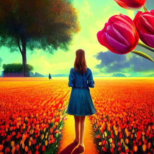 Image similar to large tulip as a head, girl walking in a flower field, surreal photography, sunrise dramatic light, impressionist painting, colorful clouds, digital painting, artstation, simon stalenhag