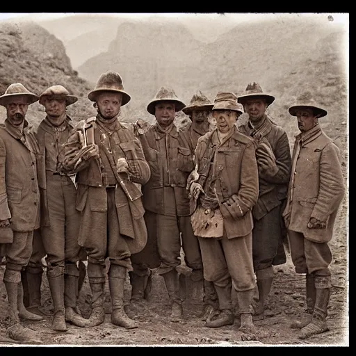 Image similar to a detailed photorealistic sepia - toned photo of a 1 9 1 7 clean - shaven british soldiers standing with bedouin traders, ultra realistic, painted, intricate details, lovecraft, atmospheric, dark, horror, brooding, highly detailed, by clyde caldwell