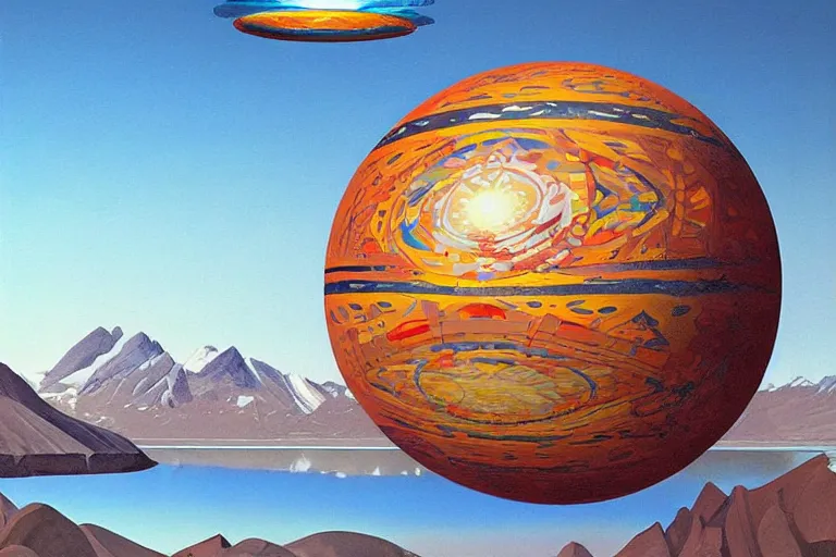 Prompt: a giant ((((metallic)))) floating sphere covered in canadian colorful aboriginal patterns!! hovering above a Yukon lake, (painted by Ralph McQuarrie), matte painting, very detailed, concept art