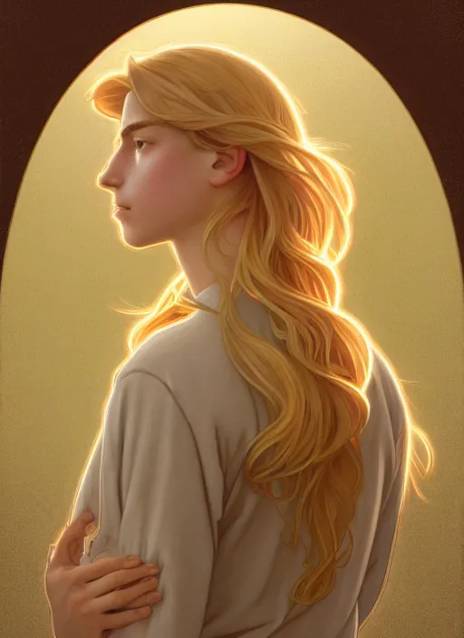 Image similar to pretty young man with shoulder length shiny shimmering golden blond hair, head down, demure, shy, path traced, highly detailed, high quality, digital painting, by studio ghibli and alphonse mucha, leesha hannigan, disney