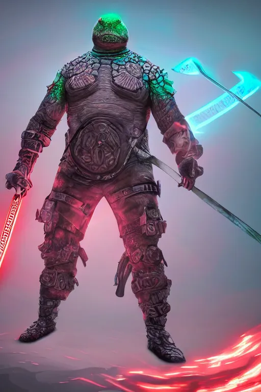 Prompt: buff turtle man, ultra realistic digital art, character design, neon futuristic turtle warrior, turtle character with sword, 4k