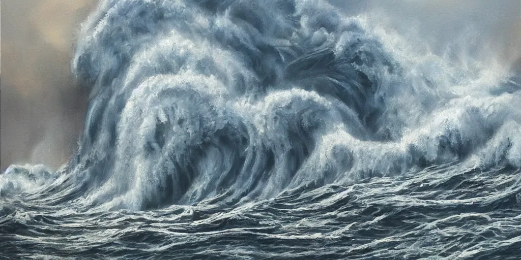 Prompt: tsunami crashing into Manhattan, realist painting