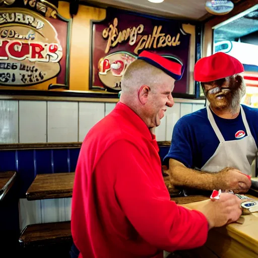 Image similar to a photograph of a real - life popeye the sailor man handing change to a customer at a popeye's chicken restaurant. he is behind the counter wearing a uniform, the customer is wearing khakis and a coat.