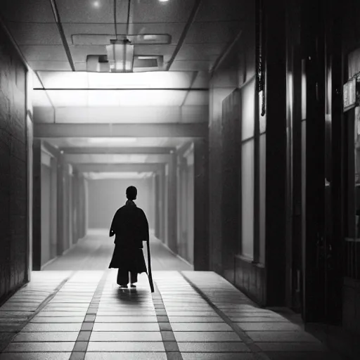 Image similar to a samurai walks alone through a mall at night, gloomy, dark, foggy, night, ominous, dark color, atmospheric, cinematic lighting, intricate detail?