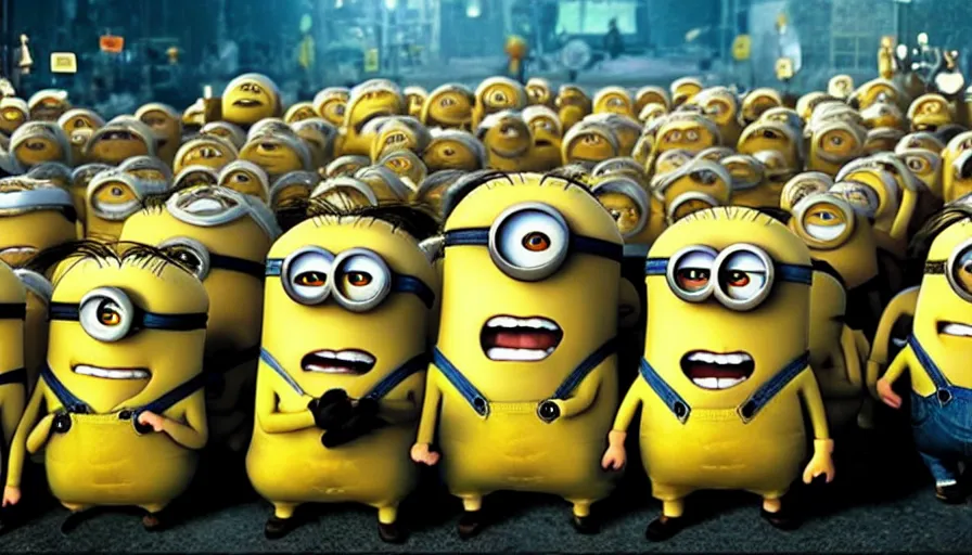 Image similar to fight!!!! club!!!!, fight!!!! club!!!! ((the minions)), movie still, directed by David fincher