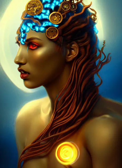 Image similar to the greek god kanyw west, firey gold hair, body made of water, steampunk, beautiful glowing eyes, volumetric lights, red and cyan theme, art nouveau botanicals, intricate, highly detailed, digital painting, artstation, concept art, smooth, sharp focus, cinematic, illustration, beautiful face, art by artgerm and greg rutkowski and alphonse mucha