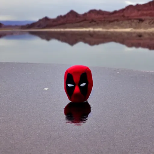 Image similar to deadpool sticking his head out of empty drained lake mead