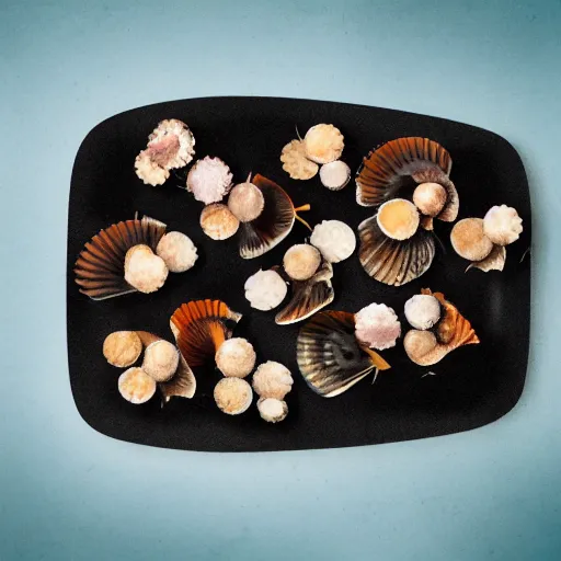 Prompt: a plate of scallops superimposed on a destroyed seabed