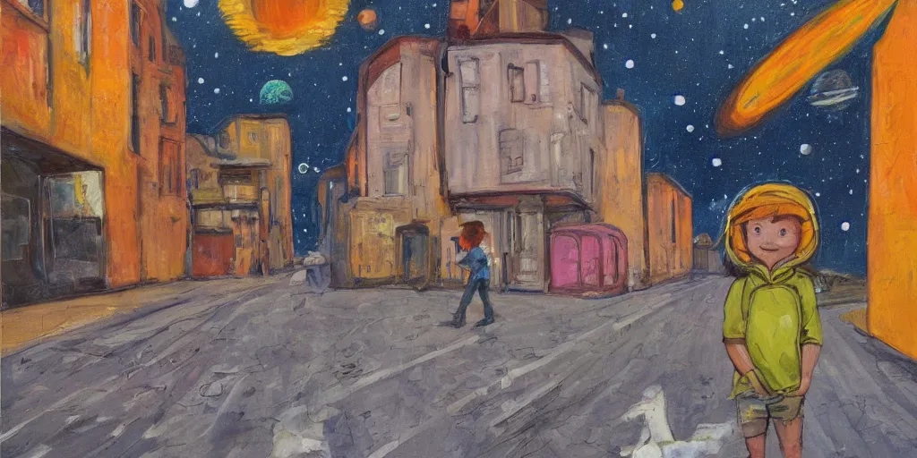 Prompt: boy on a street in space