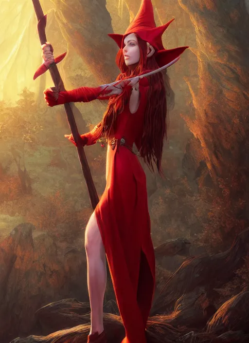 Image similar to photography of beautiful elf witch red hair, holding a magic staff, d & d fantasy character, detailed matte painting, studio lighting, octane render, larry elmore michael whelan artstation