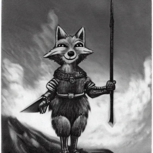 Prompt: anthropomorphic fox who is a medieval knight holding a sword towards a stormy thundercloud, 1930s film