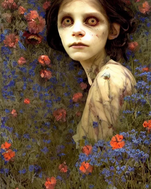 Prompt: a beautiful but sinister and creepy young goblin man in layers of fear, with haunted eyes, violence in her eyes, 1 9 7 0 s, seventies, delicate embellishments, a little blood, woodland, blue dawn light shining on wildflowers, painterly, offset printing technique, by alexandre cabanel