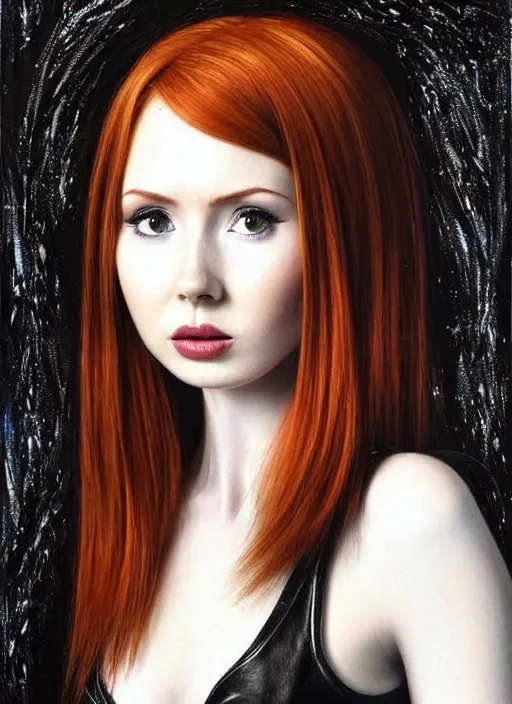 Image similar to beautiful 20 year old Karen Gillan as the goddess of black leather. ultra detailed painting at 16K resolution and amazingly epic visuals. epically beautiful image. amazing effect, image looks gorgeously crisp as far as it's visual fidelity goes, absolutely outstanding. vivid clarity. ultra. iridescent. mind-breaking. mega-beautiful pencil shadowing. beautiful face. Ultra High Definition. godly shading. amazingly crisp sharpness. photorealistic film cel processed twice..