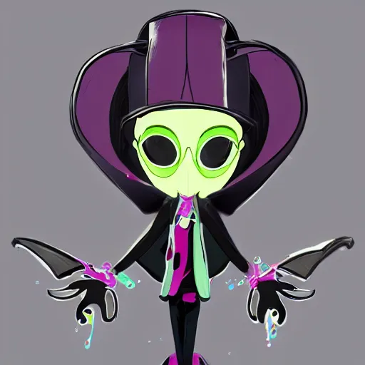 Prompt: character designs for a fashionable nonbinary icon wearing a large gothic manta ray cloak, sells empty spray paint cans as a scam and is always covered in paint, always acting delightedly shady, designed by splatoon nintendo, inspired by tim shafer psychonauts 2 by double fine, cgi, professional design, gaming