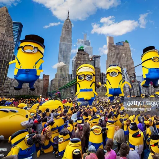 Prompt: news photo of giant minion parade floats in the sky in new york city, detailed 4 k photo