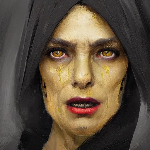 Image similar to portrait of a woman by greg rutkowski, a woman with yellow skin, black lips wearing black robes and a hodd, evil energy, star wars expanded universe, she is about 6 0 years old, highly detailed portrait, digital painting, artstation, concept art, smooth, sharp foccus ilustration, artstation hq