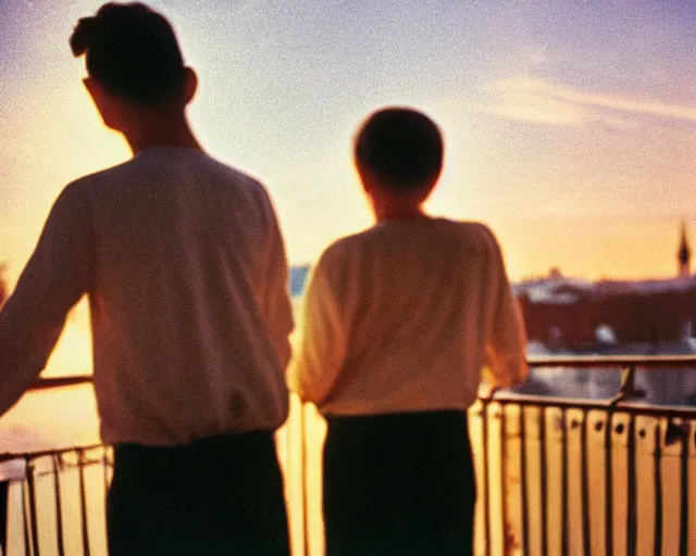 Image similar to lomo photo of pair standing on small hrushevka balcony full with cigarette smoke in small russian town looking at sunset, cinestill, bokeh