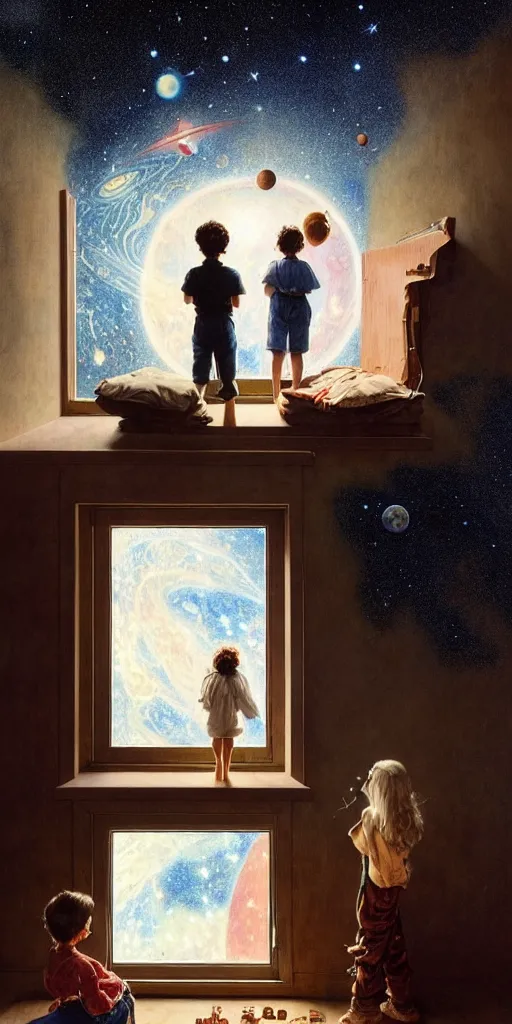 Image similar to one 5 year old boy and one 1 2 year old girl looking at the wall of their bedroom and seeing the universe full of galaxies and planets, imagination, part by norman rockwell, part by greg rutkowski, part by mattias adolfsson, high angle, ( ( ( ( volumetric lighting ) ) ) ), oil on canvas